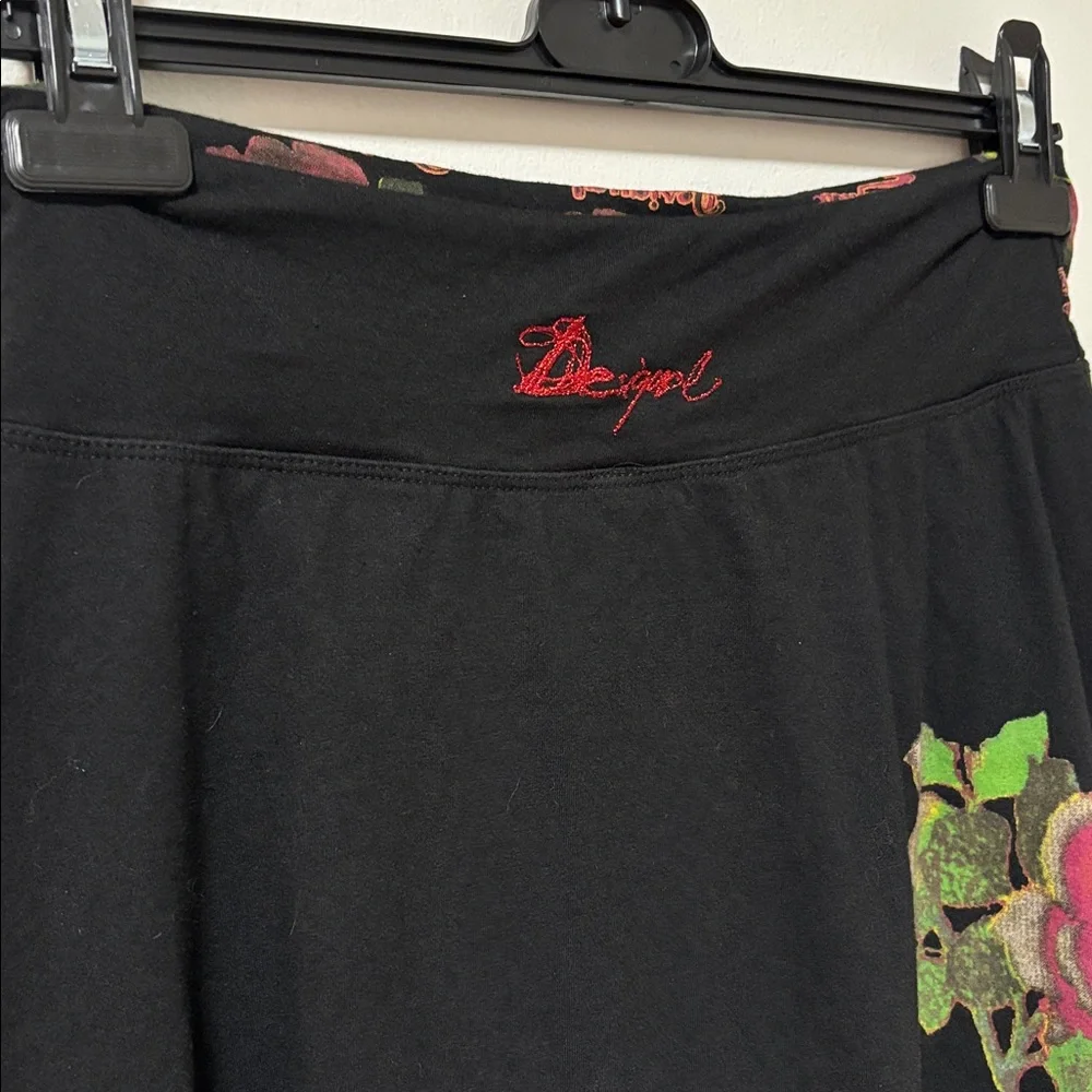 DESIGUAL (M) Balloon Floral Skirt Above Knee Elastic Waist Tie Soft Black - Picture 6 of 13